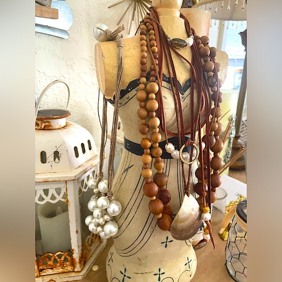 Gorgeous Nature Natural Wooden Bead Necklace Collection w Pearls, Abalone, Jute - Picture 2 of 12